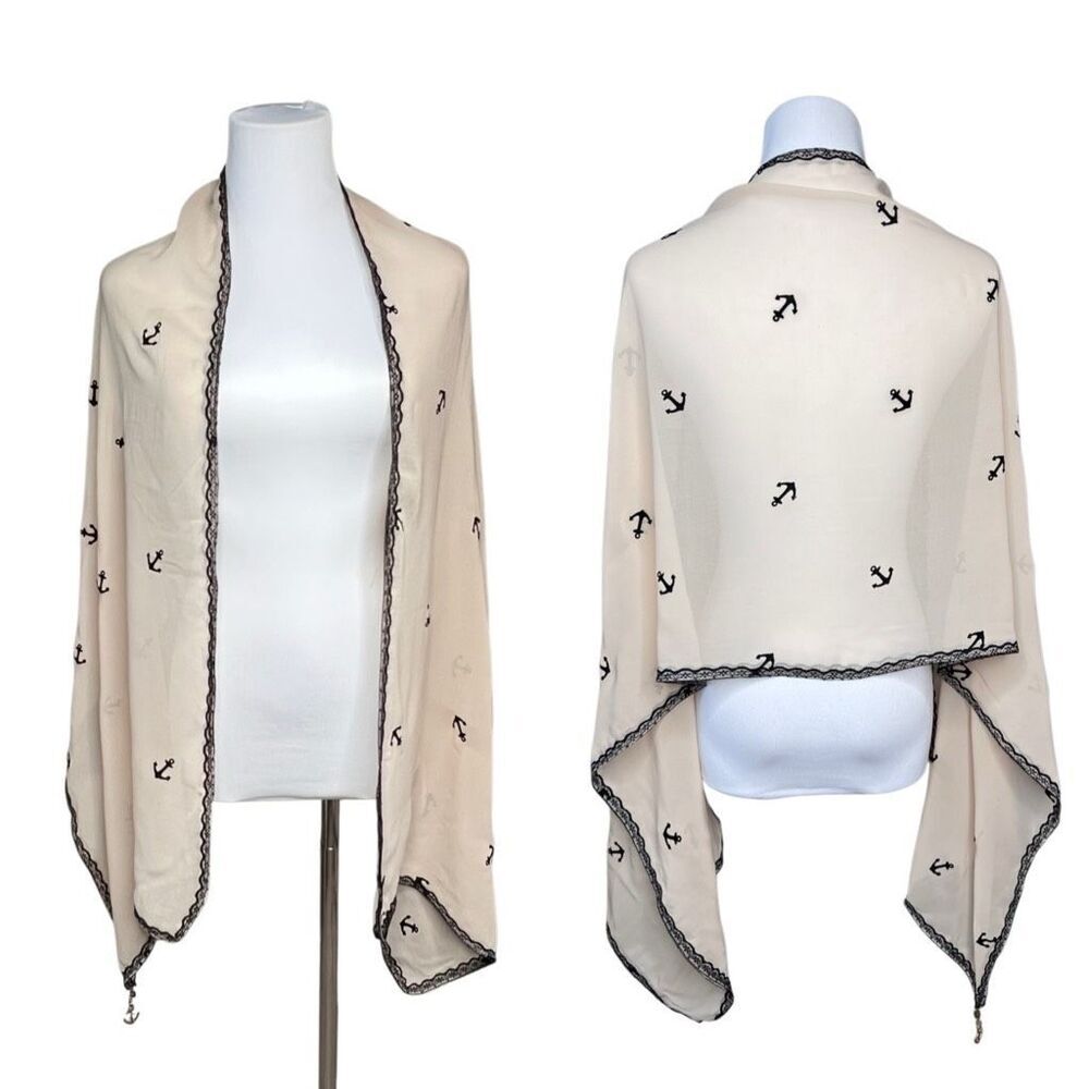 Linear Scarf Anchor Nautical Wrap Shawl Cream Lace Black Gold Charm 69"x20"